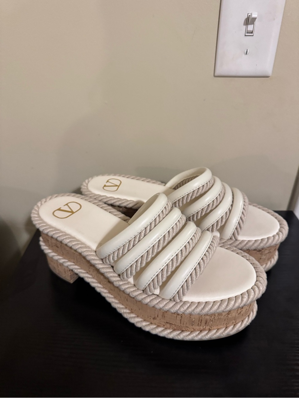Valentino Garavani Cream Rope-Trim Platform Slide Sandals